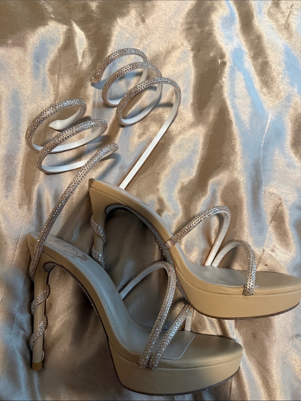 Rene Caovilla Champagne Rhinestone Spiral Platform Heels